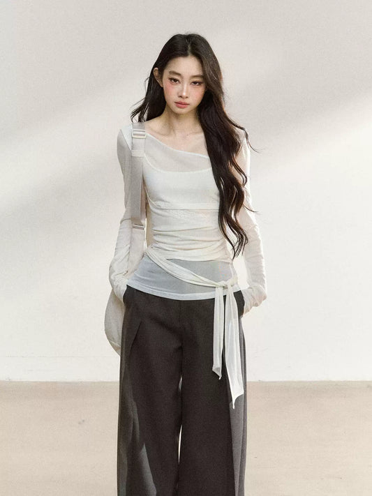 JN's DESIGN - Asymmetrical Layered Mesh Long-Sleeve Top