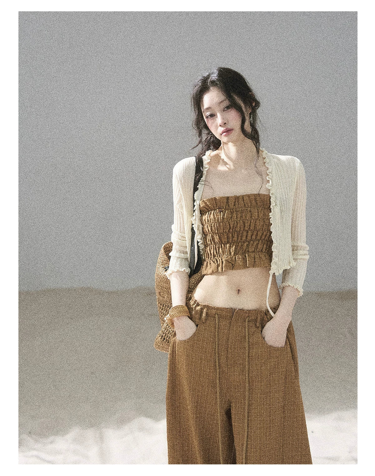 "Caramel Dusk" Ash Caramel Shirred Bandeau Top & Relaxed Pants Set