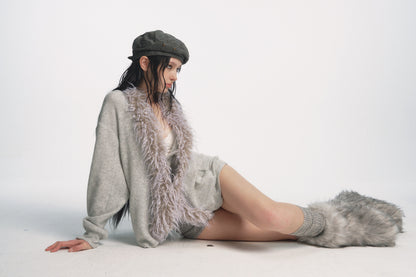 Muirgen - Ice Grey Waffle-Knit Wool Cardigan Jacket with Faux Fur Collar