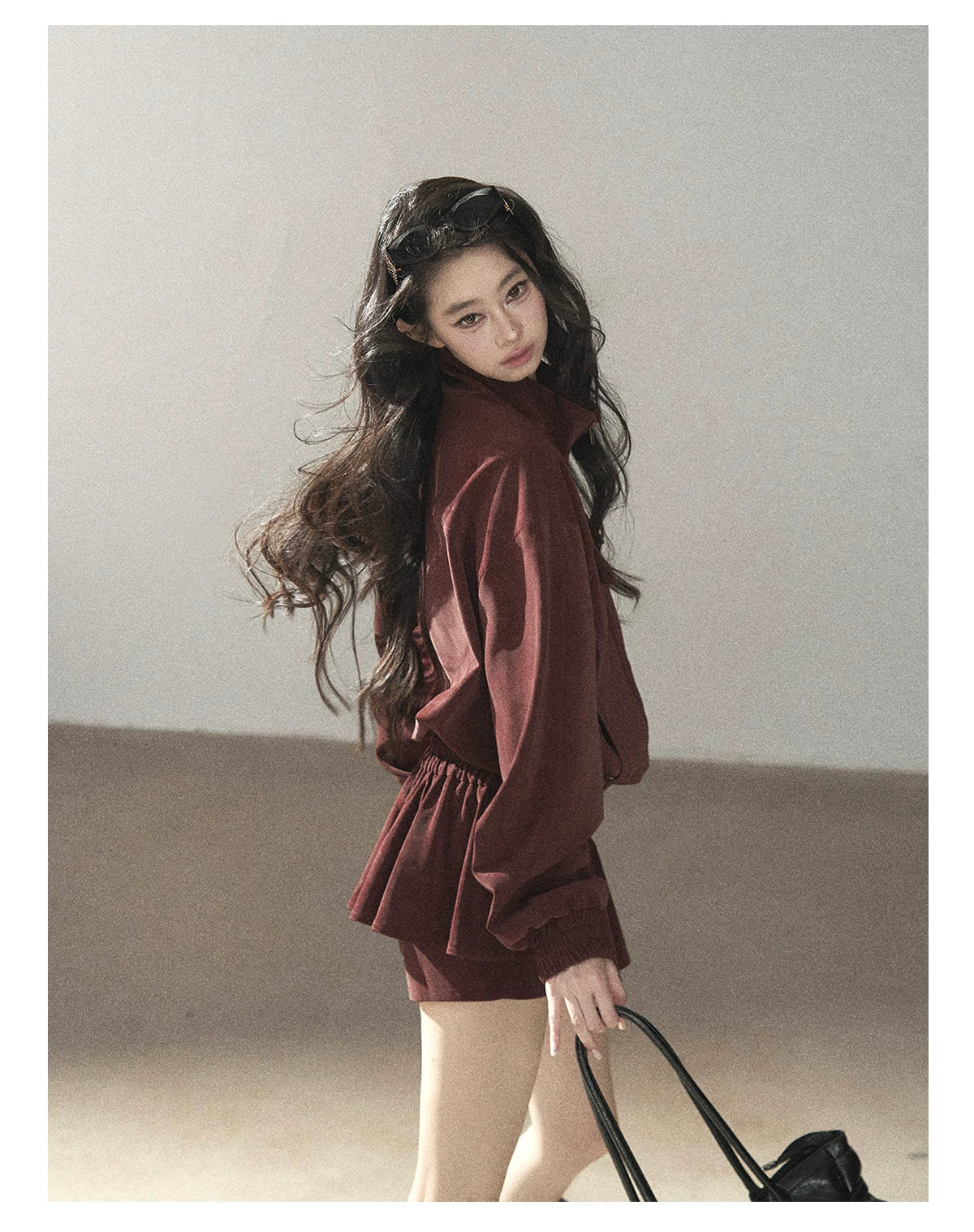 AOMALM - Burgundy PU Suede Jacket & A-Line Shorts Set