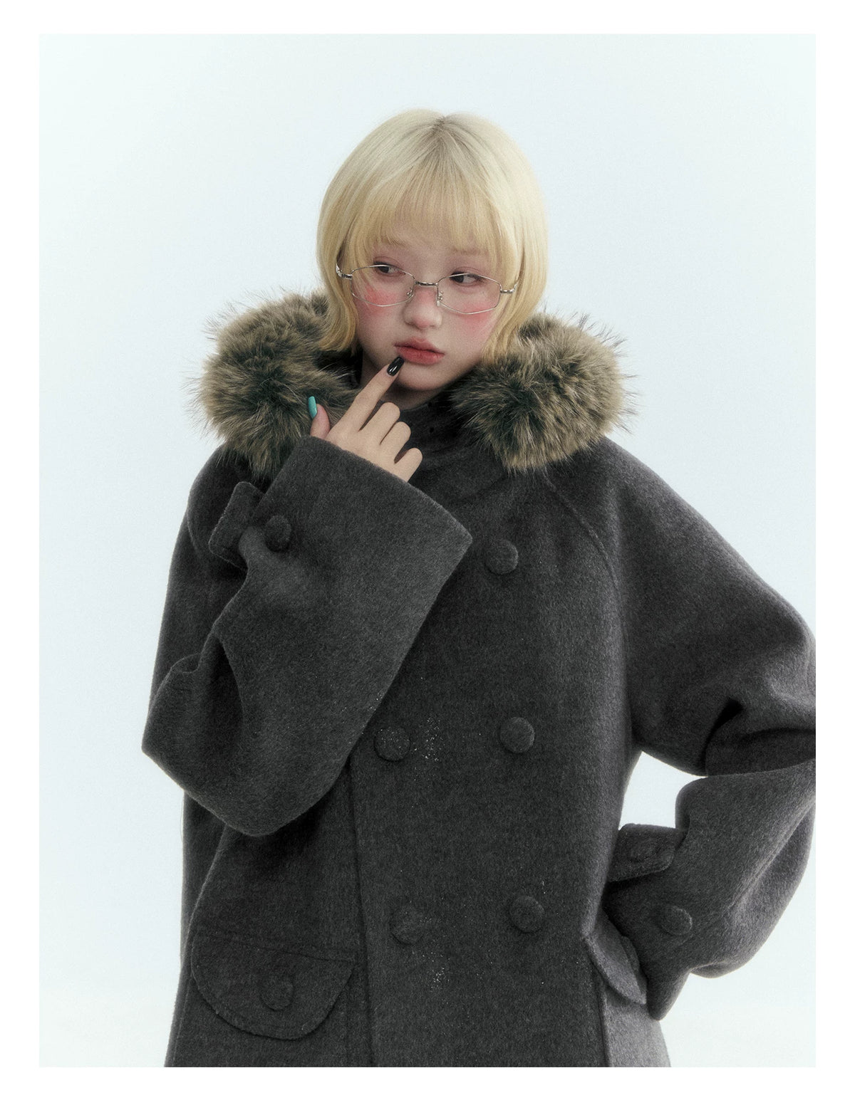 Japanese Hooded Double-Breasted Wool Coat (Deep Charcoal Gray / Taro Purple)