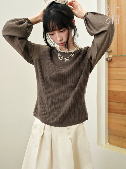 DAILY ARTIST - “Soft Woven Wind” Silk-Wool Sheer Sleeve Knit Top (Brown / Beige)