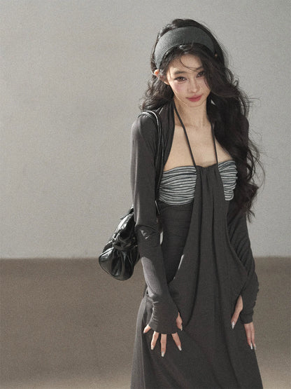 AOMALM - "Twilight River Cove" Cloud Mist Gray Striped Knit Shoulder Wrap Dress Set