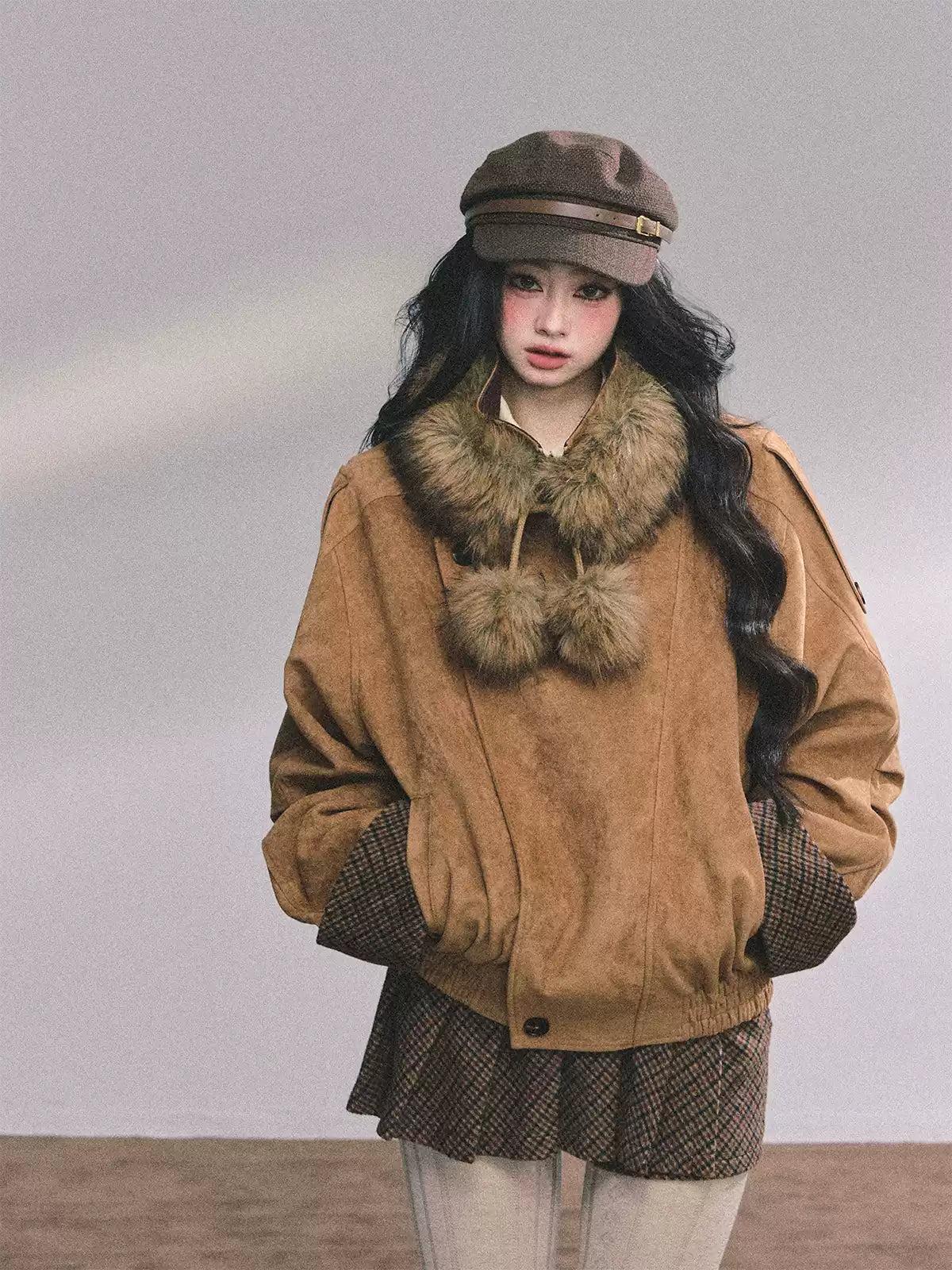 少也眼 Hazelnut Suede-Look Two-Piece Set (Jacket and Skort)