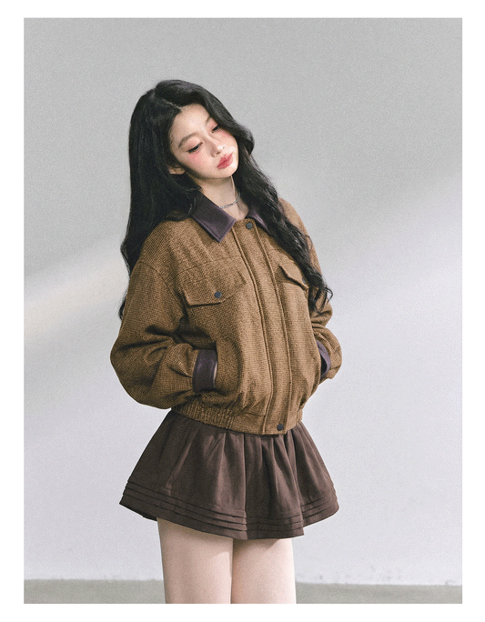 少也眼 "Falling Wutong Leaves" Hepburn Wool Tweed Two-Piece Set - Coffee Brown