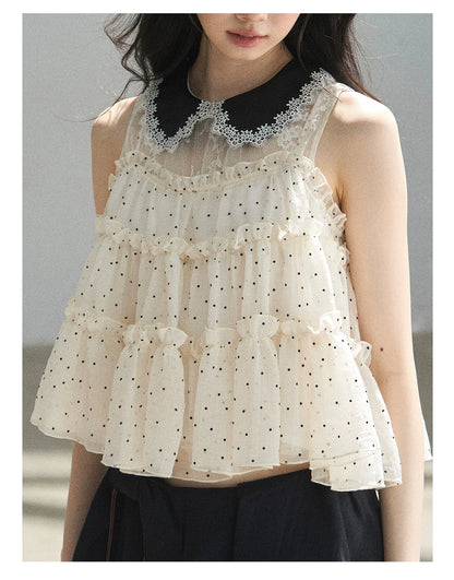 "A Dream Like Foam" French Polka Dot Chiffon Babydoll Blouse