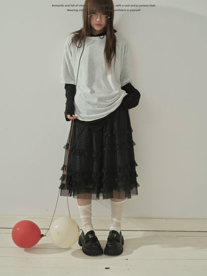 "Soft Check Layers" Plaid Mesh Midi Skirt (White Plaid / Black Plaid)