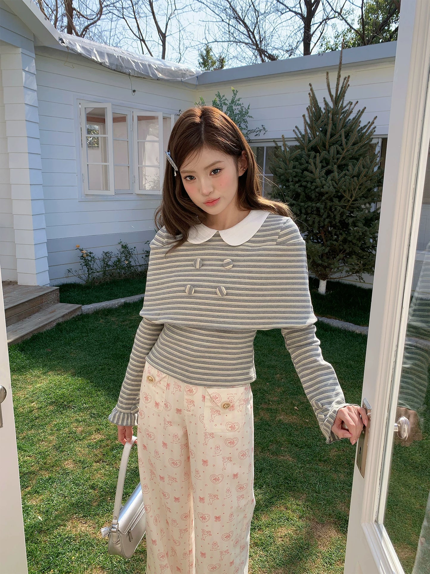 “Misty Sonata” Grey Layered Stripe Knit Top