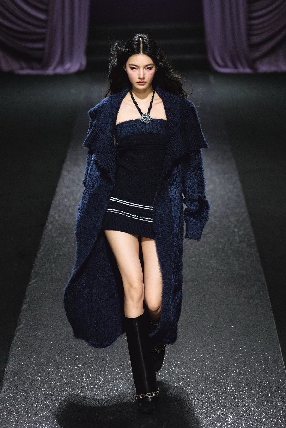 "Midnight Bloom" Navy Hand-Crochet Floral Contrast Knit Dress & Oversized Shawl Collar Knit Cardigan Set