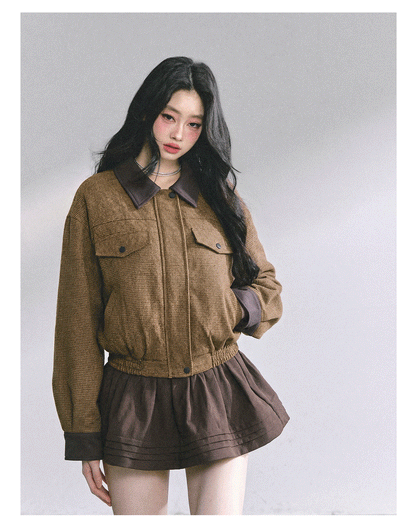 少也眼 "Falling Wutong Leaves" Hepburn Wool Tweed Two-Piece Set - Coffee Brown