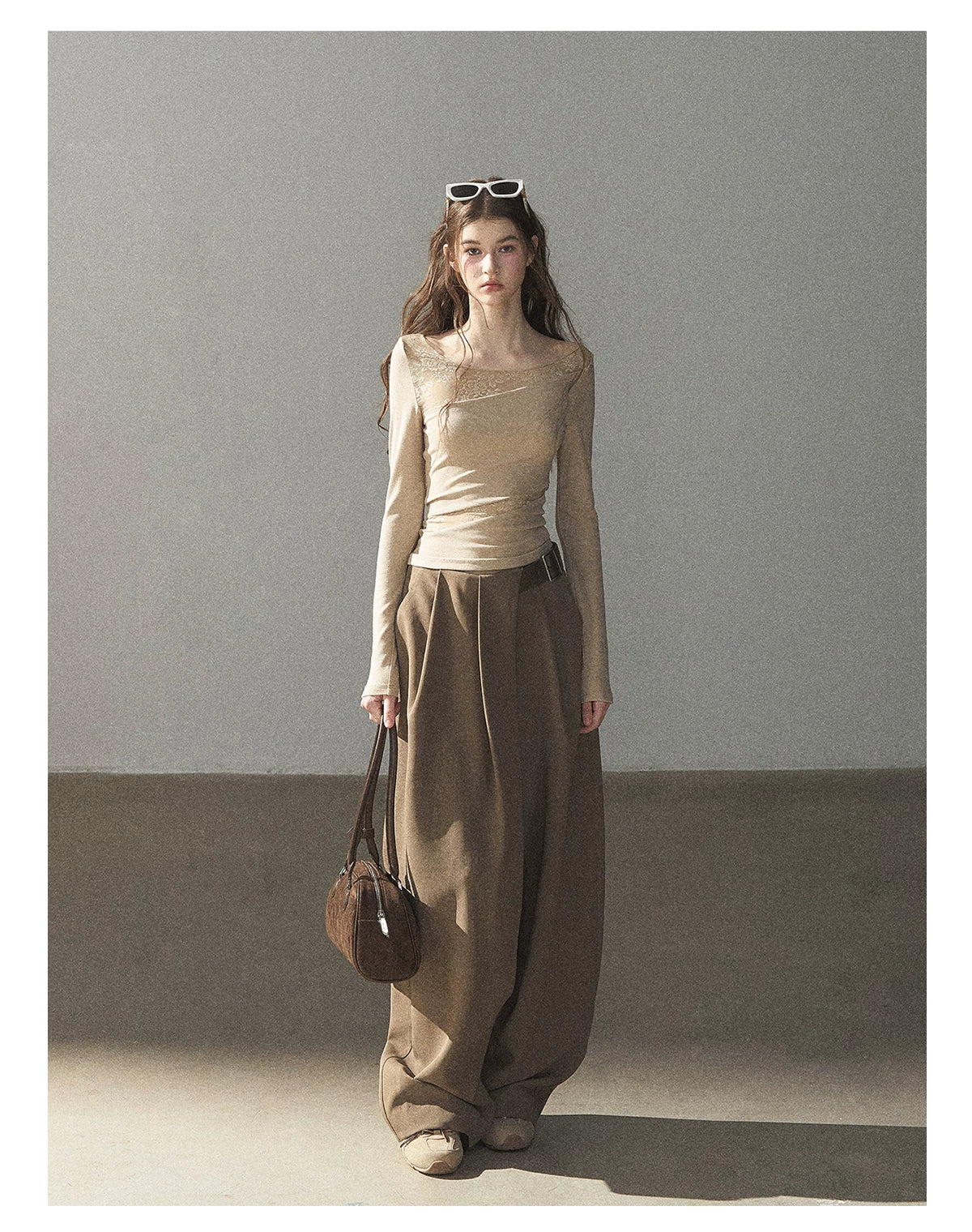 AOMALM - "A Touch of Autumn" Loose Relaxed Balloon Wide-Leg Pants With Belt (Dusty Taupe Brown / Quiet Black)