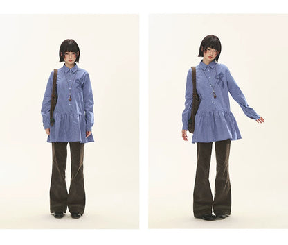 "Holiday Blues" Blue Plaid Bow Shirt Mini Dress