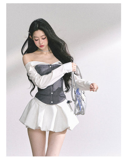 少也眼 "London Crush" Off-Shoulder Dual-Layer Long-Sleeve Spicy Girl Tee - Gray White