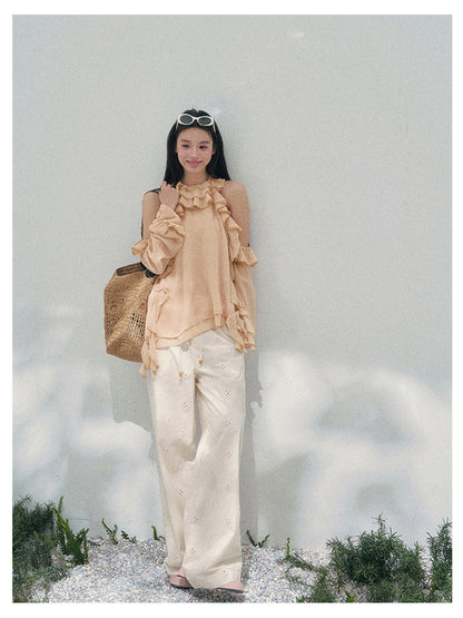 少也眼 “Heidi Heiress” Light Sand Sheer Ruffle Top 142
