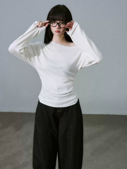 LOST FOREST - White Lyocell-Wool One-Shoulder Long Sleeve Top