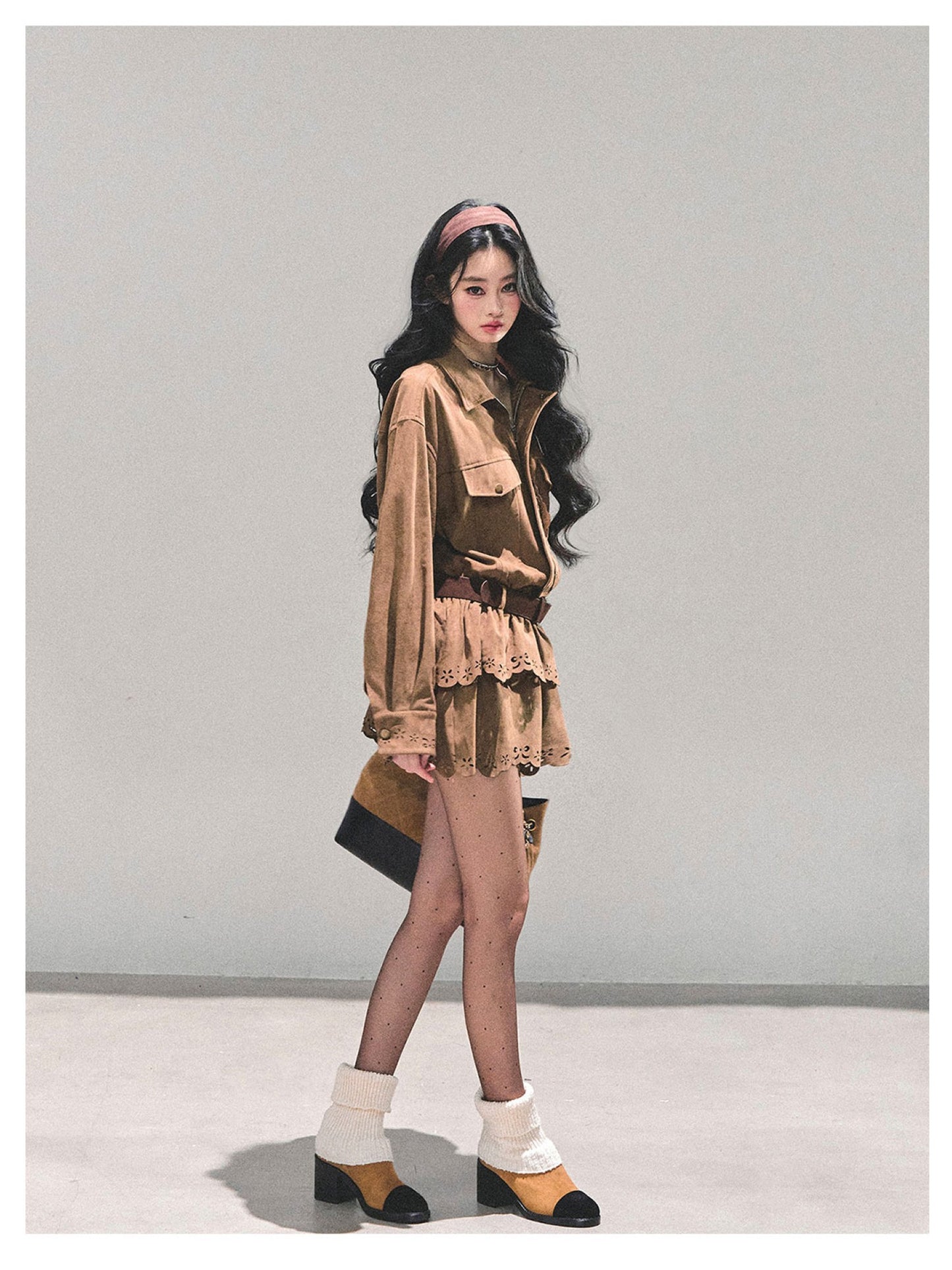 少也眼 "Rain on Wutong" – Brown Layered Dress (with Matching Belt)