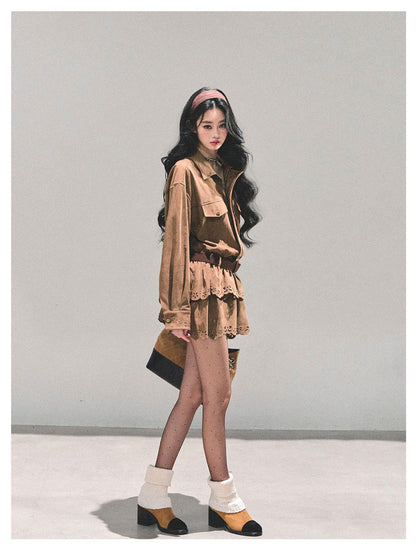 少也眼 "Rain on Wutong" – Brown Layered Dress (with Matching Belt)