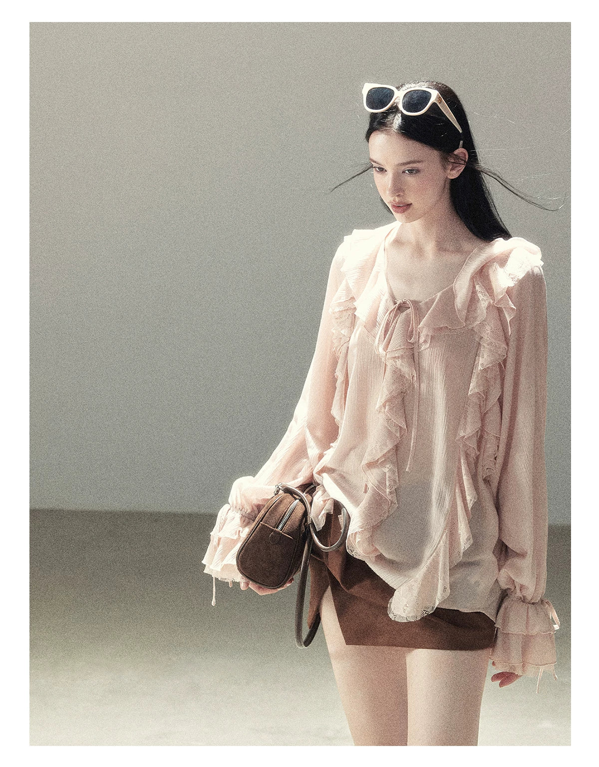 AOMALM - "A Featherlight Touch" French Camellia White Lace Chiffon Top with Belt (Camellia / Oatmeal / Cinnamon Pink)