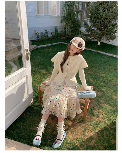 “Starlight Tulle Reverie” Apricot Polka Dot Mesh Skirt