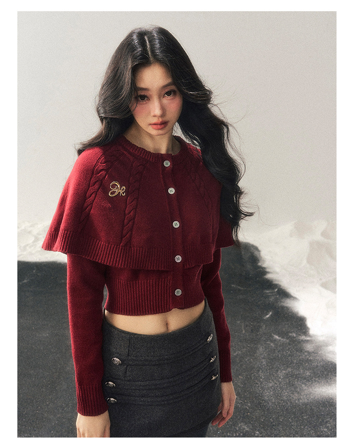 少也眼 "Miss Daisy" American Cable Knit Cape Sweater in Falu Red
