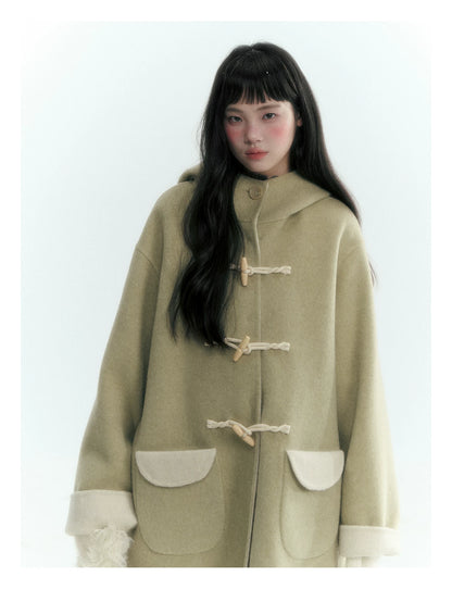 Horridale - Moss Green and Cream Reversible Hooded Wool Coat