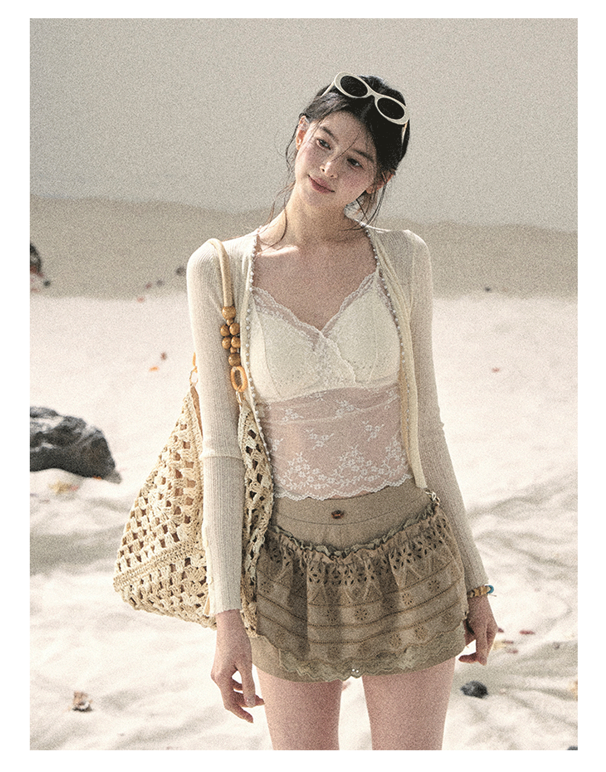 "Translucent Skin" Cream Apricot Lace Camisole Top 455335