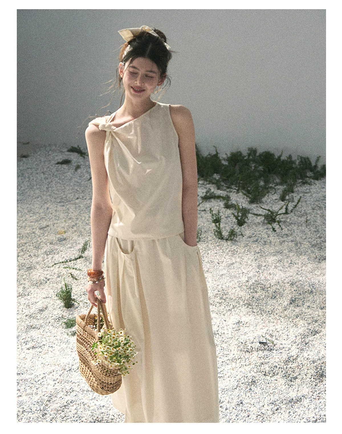 “Ivory Pleated Verse” Soft White Asymmetrical Twist Top & Skirt