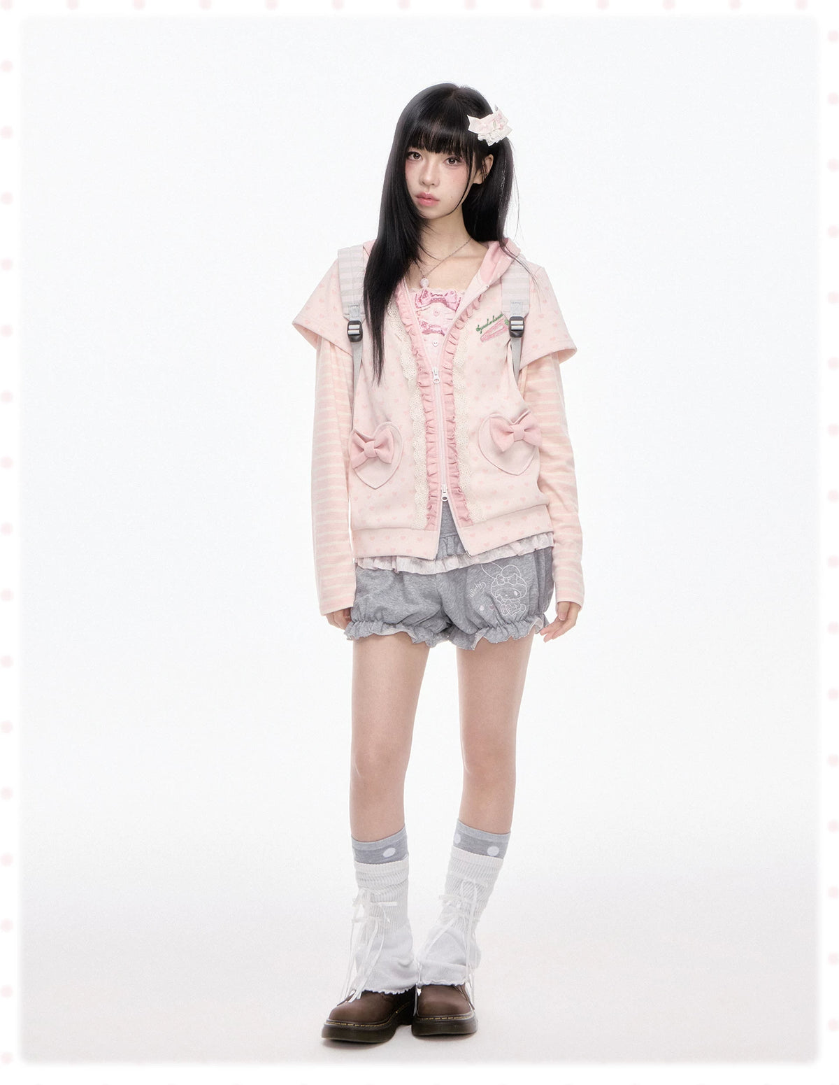 KYOUKO - Pink Hooded Zip-Up Jacket & Gray Ruffle Pants Set