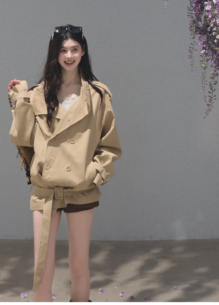 OAKMOO/ Belted Double-Breasted Trench Jacket (Deep Black / Hazel Khaki)