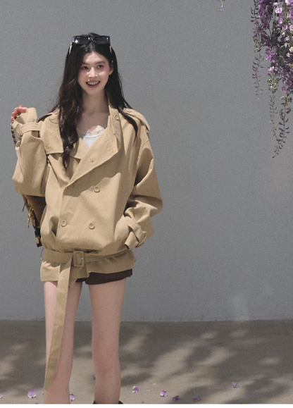 OAKMOO/ Belted Double-Breasted Trench Jacket (Deep Black / Hazel Khaki)