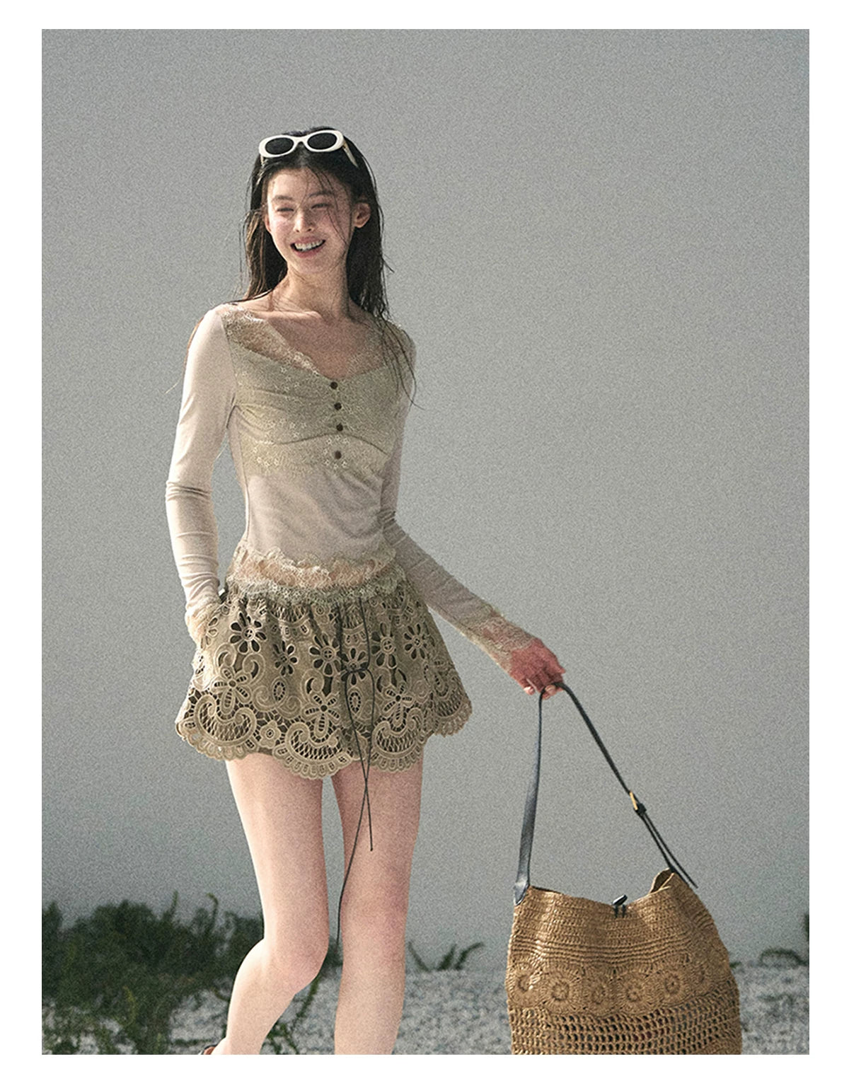 “Traces Left by the Wind” Ash Ivory Lace V-Neck Top