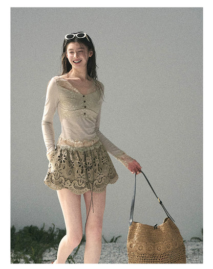 “Traces Left by the Wind” Ash Ivory Lace V-Neck Top