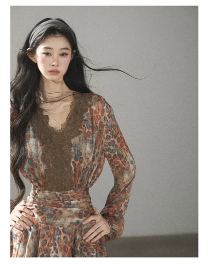 AOMALM - “Whispers of Withered Branches” Rich Cocoa French Lace Chiffon Mini Dress with Tights