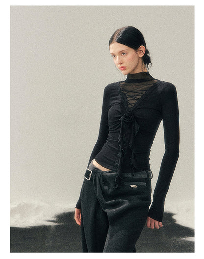 少也眼 “Vanishing Curve” Sheer Lace Turtleneck Base Top - Black