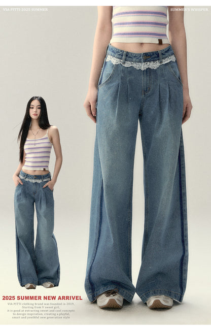 VIAPITTI - Lace Panel Straight-Leg Jeans (Light & Dark Blue)