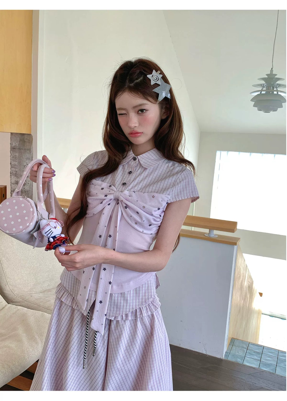 [RF] “Milk Taro Fizz” Soft Purple Striped Blouse & Bloom Skirt Set (Light Blue / Lavender)