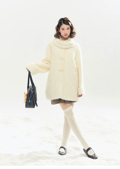 "Snow-Kissed Sakura" Ivory Wool-Blend Quilted Mid-Length Coat with Detachable Plush Flowers