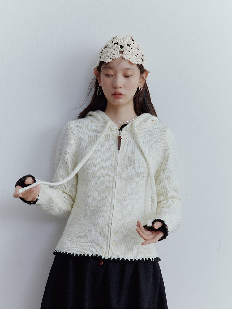 FUSSED Almond Cream Cropped Hooded Knit Jacket with Contrast Shell Embroidery FOF-25SS174
