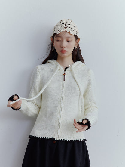 FUSSED Almond Cream Cropped Hooded Knit Jacket with Contrast Shell Embroidery FOF-25SS174