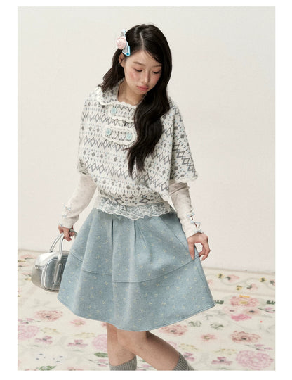 [RF] Mist Gray Argyle Jacquard Cropped Poncho-Style Pullover with Lace Trim