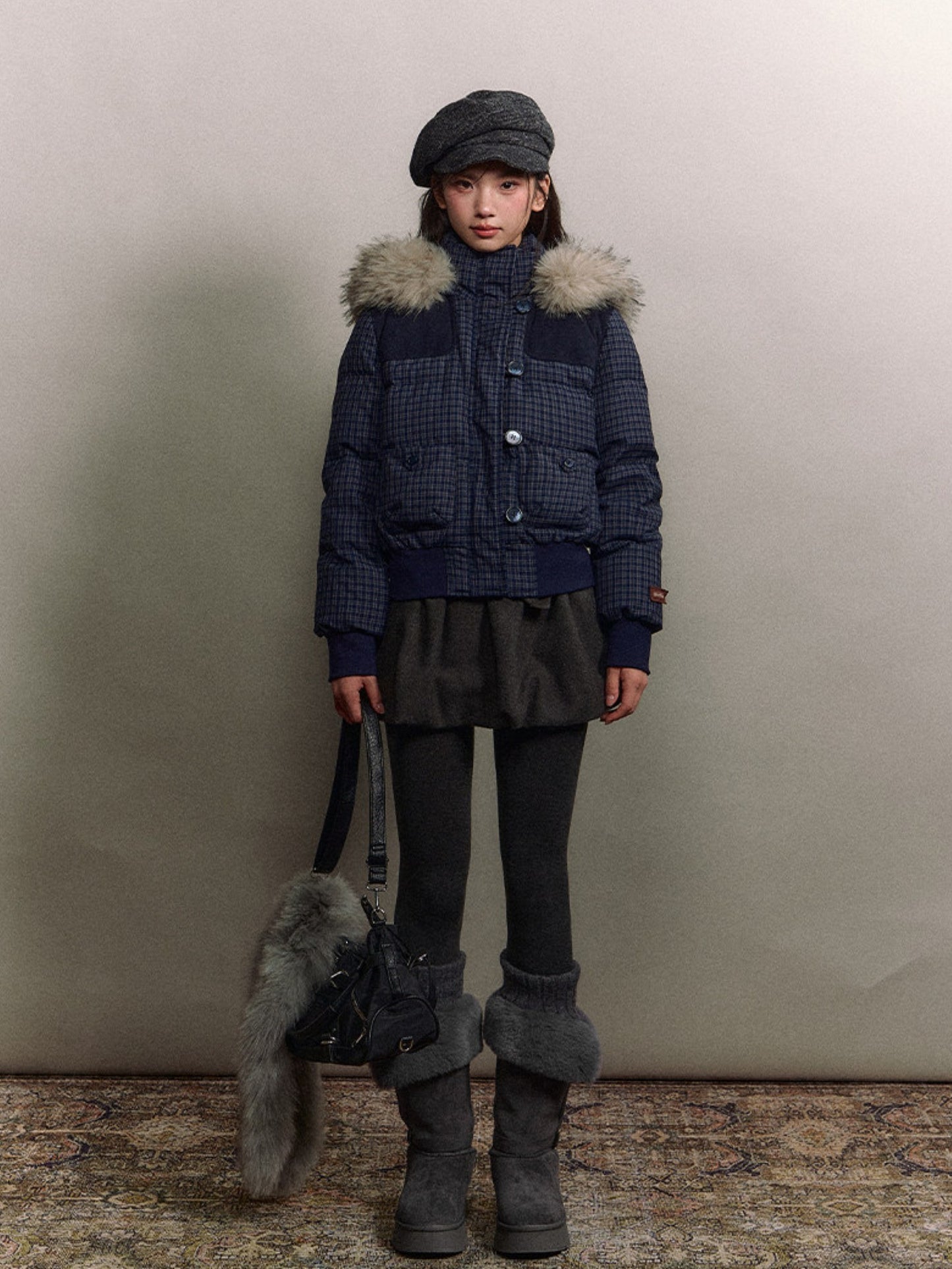 Soote Season - Navy Plaid Faux Fur Collar Cropped Hooded Down Jacket
