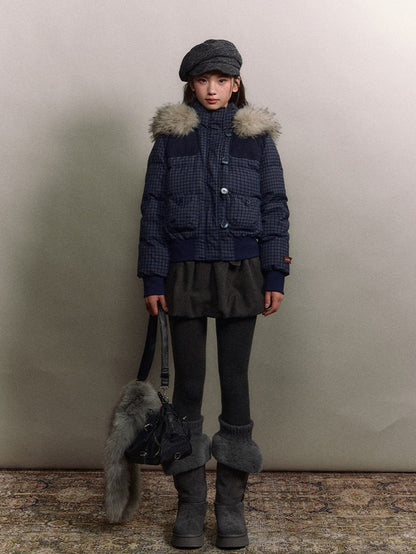 Soote Season - Navy Plaid Faux Fur Collar Cropped Hooded Down Jacket