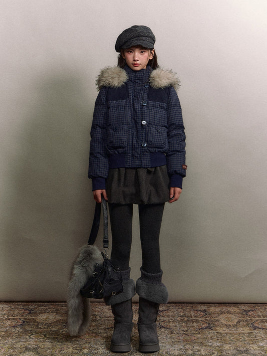 Soote Season - Navy Plaid Faux Fur Collar Cropped Hooded Down Jacket