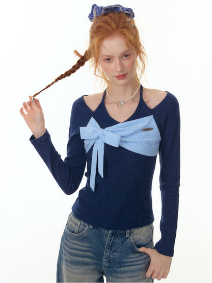 ZiziFei - Halter Ribbed Knit Top with Bow Detail – Green / Blue