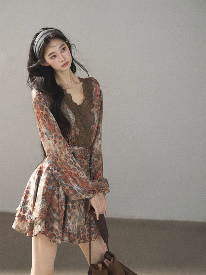 AOMALM - “Whispers of Withered Branches” Rich Cocoa French Lace Chiffon Mini Dress with Tights