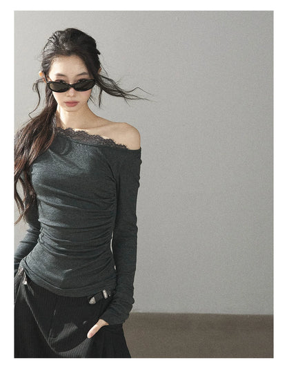 AOMALM - Dark Rock Gray Faux Two-Piece Asymmetrical Lace Long-Sleeve Top