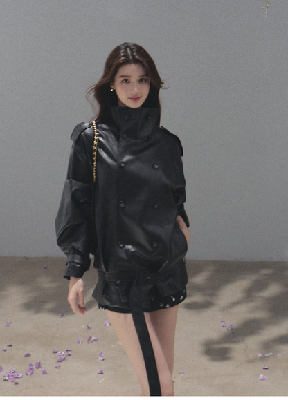 OAKMOO/ Belted Double-Breasted Trench Jacket (Deep Black / Hazel Khaki)