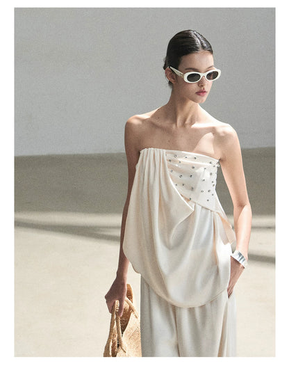 "Summer Rain at Dusk" Cream Beige Satin Two-Piece Set