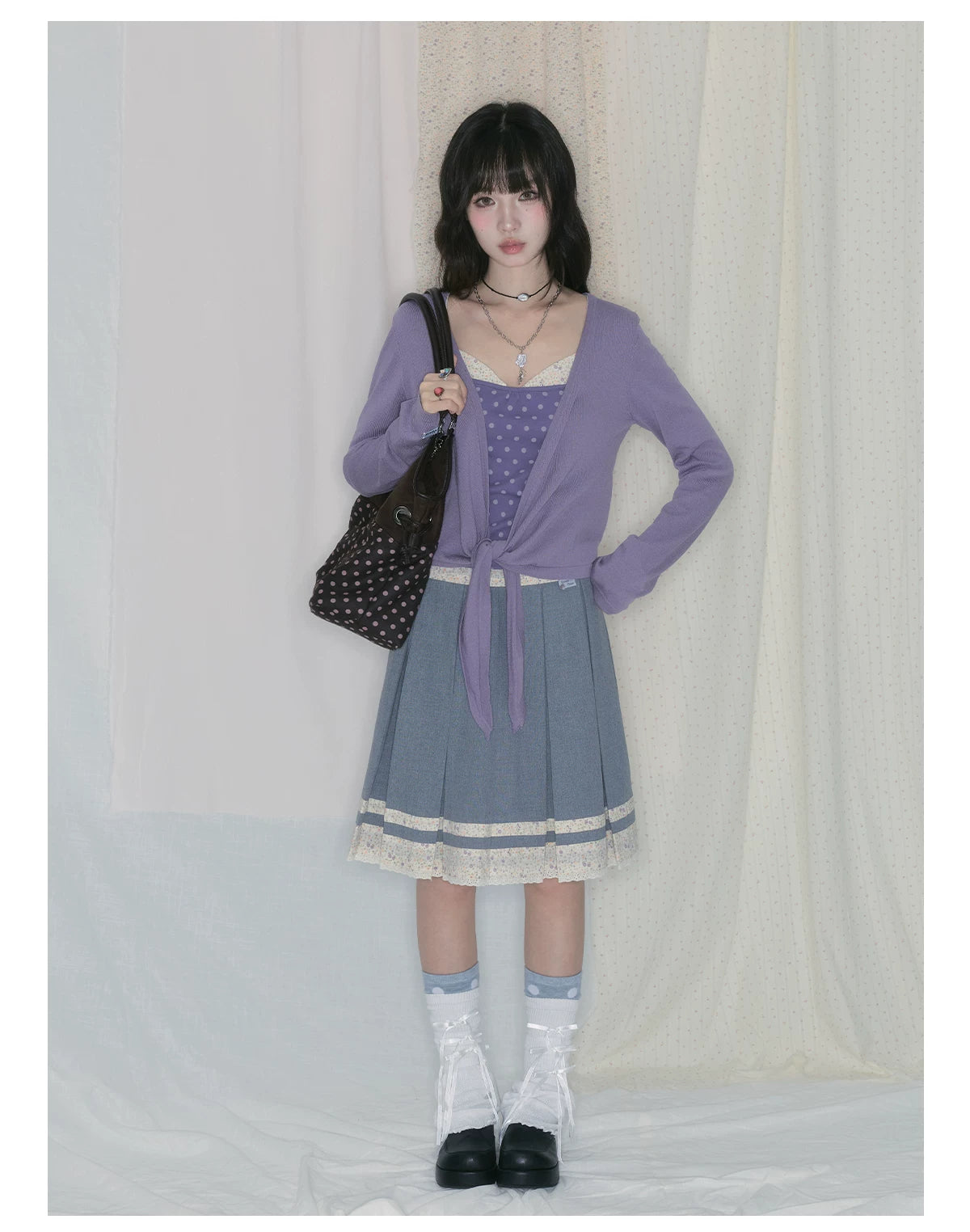 "Lavender Daydream" Layered Collection (Cami Top / Tie Cardigan / Pleated Midi Skirt / Mesh Overlay Skirt / Vintage Jeans)