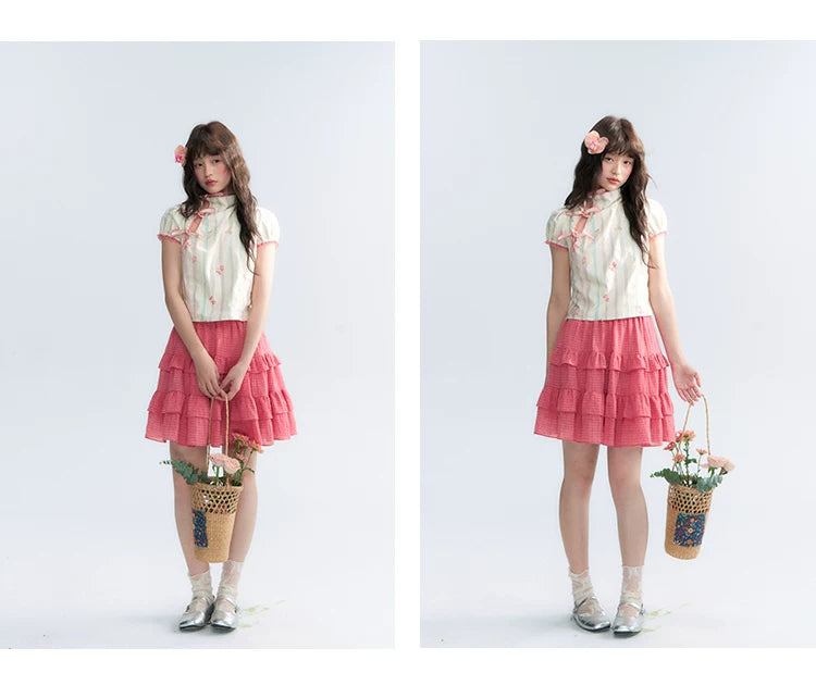 "Peach Blossom" Beige Floral Print Mandarin Collar Blouse